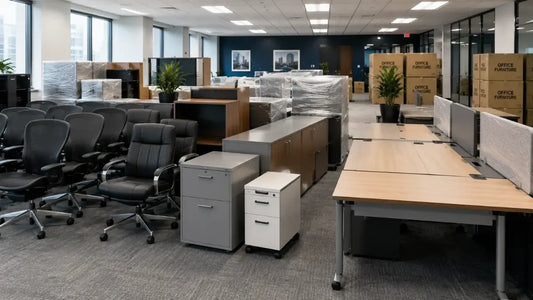 Commercial office furniture prepared for relocation, resale, or reuse.